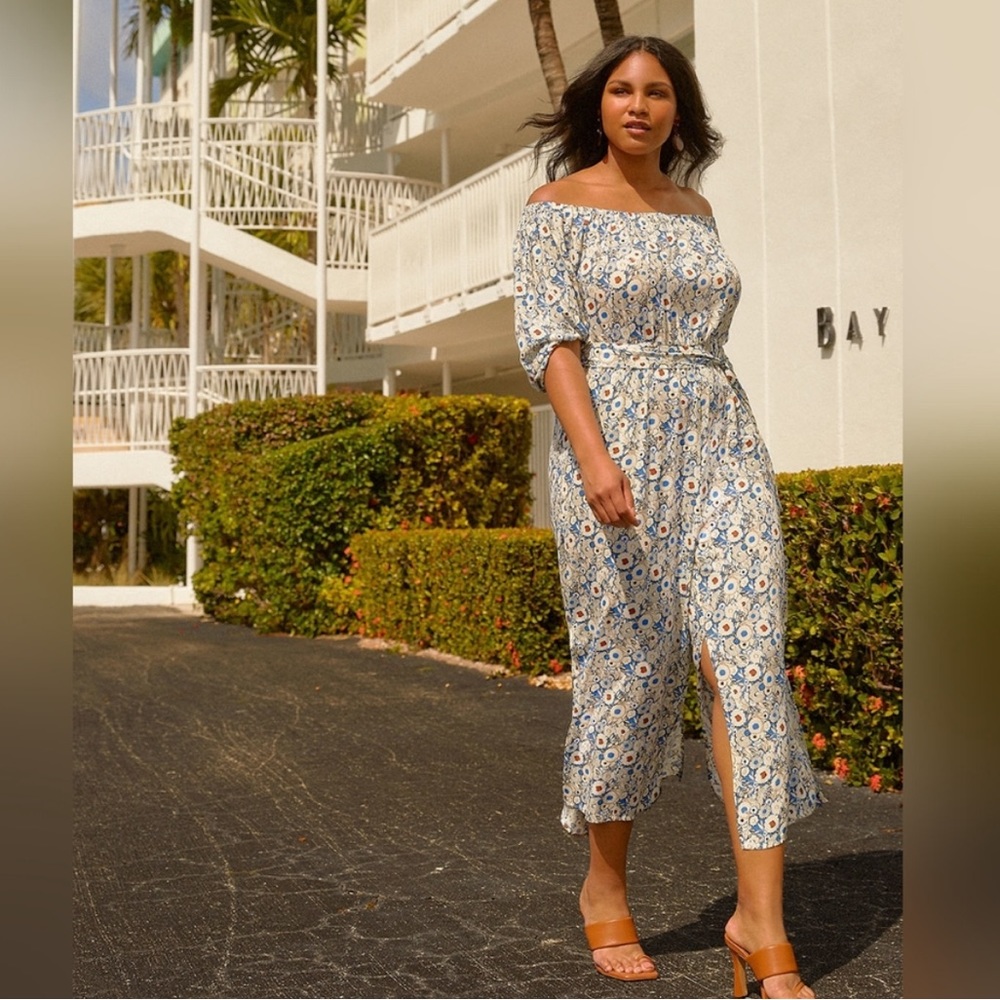 Eloquii Drama Sleeve Off Shoulder Floral Jumpsuit